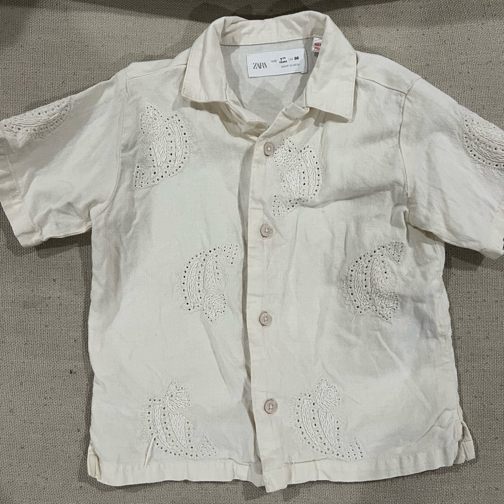 Zara Kids Ivory Button-Up Shirt with Embroidery